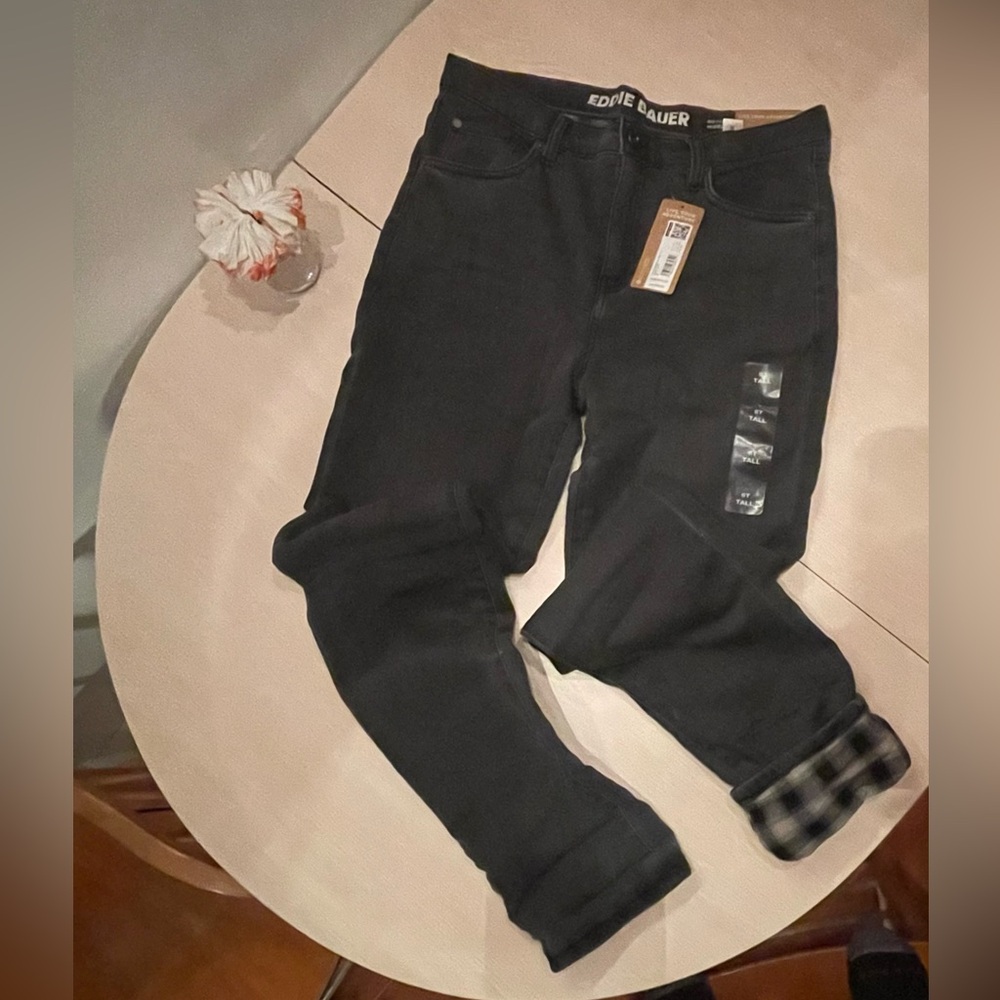 NWT Eddie Bauer Women's Dark Gray Boyfriend Flannel Lined Jean